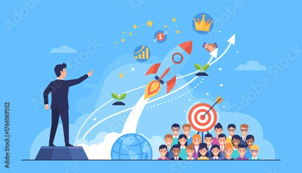 Fototapeta Dynamic business startup concept illustration featuring a determined businessman pointing towards a soaring rocket, symbolizing growth and success, with a diverse team of professionals looking on, a