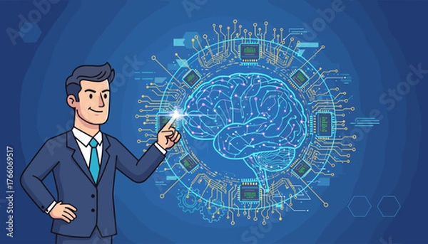 Fototapeta Dynamic illustration of a businessman in a suit pointing at a glowing, intricate AI neural network, symbolizing artificial intelligence, machine learning, and technological innovation, set against a