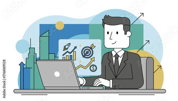 Fototapeta Modern flat illustration of a businessman in a suit analyzing financial data on a laptop, with charts, graphs, a rocket, a target, and city skyline in the background, symbolizing growth, success, and