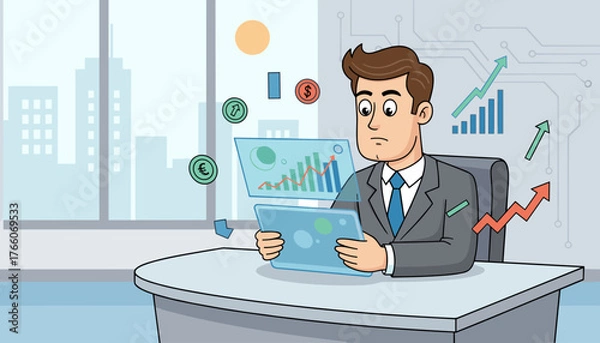 Fototapeta A focused businessman in a suit analyzes market data and financial charts displayed on a futuristic holographic interface and tablet, with currency symbols and upward trending graphs floating around