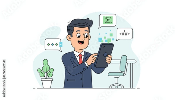 Fototapeta Modern businessman in a suit actively engaged with his smartphone, surrounded by abstract digital elements and communication bubbles, symbolizing connectivity and business operations in a