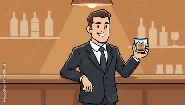 Fototapeta Smiling businessman in a dark suit holding a glass of whiskey with ice, standing at a polished wooden bar with bottles and glasses on shelves in the background, under warm lighting, conveying a sense