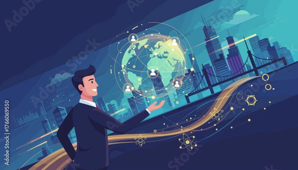 Fototapeta Dynamic businessman in a suit presenting a glowing holographic globe with interconnected user icons, symbolizing global network and data connections, set against a futuristic cityscape with abstract