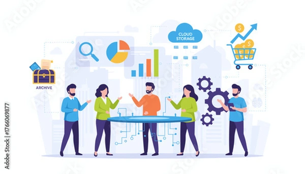 Fototapeta Diverse team collaborating around a futuristic table, discussing business growth, data analytics, cloud storage, and sales strategies, symbolizing teamwork, innovation, and digital transformation in