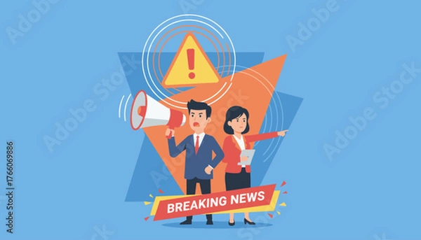 Fototapeta Dynamic illustration of a man with a megaphone and a woman pointing, conveying an important announcement, attention, or warning, with a prominent exclamation mark in a triangle and "BREAKING NEWS"