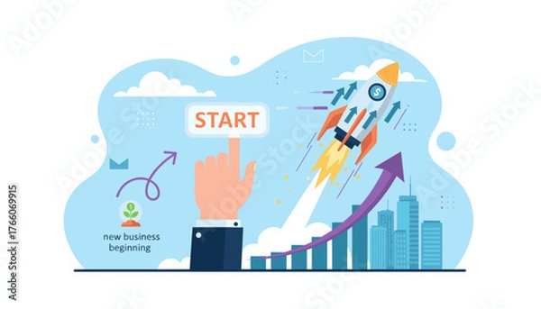 Fototapeta Vibrant flat illustration depicting the launch of a startup business, with a hand pressing the 'START' button, a rocket soaring upwards, and a growth chart indicating success, symbolizing new