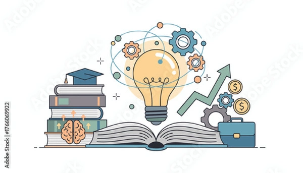 Fototapeta Vibrant illustration of a glowing light bulb symbolizing innovation and creativity, emerging from an open book, surrounded by gears, a graduation cap, a brain, and a rising financial graph with