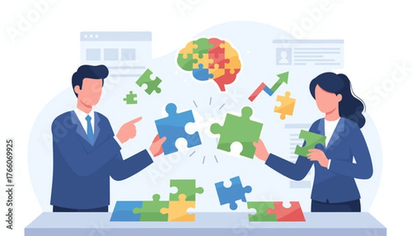Fototapeta Diverse business professionals collaborating to solve a complex jigsaw puzzle, symbolizing teamwork, partnership, and problem-solving in a modern office setting with a stylized brain graphic