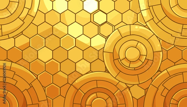 Fototapeta Abstract golden mosaic texture background with hexagonal and circular patterns, evoking a sense of luxury, warmth, and natural geometric beauty, perfect for design projects requiring a rich and