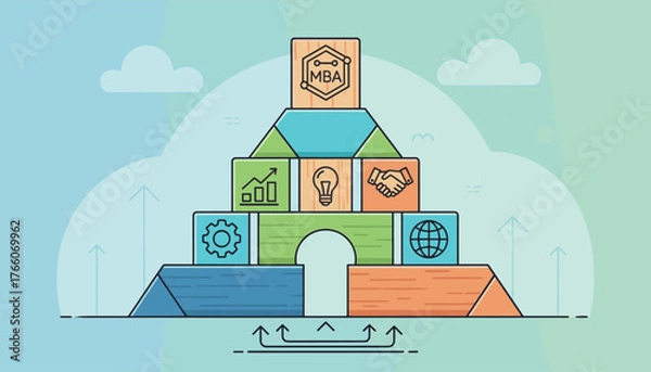 Fototapeta Conceptual illustration of an MBA Master of Business Administration program, depicted as a colorful block tower symbolizing growth, innovation, partnership, and global reach, with upward arrows and