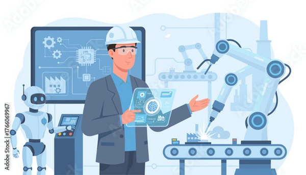 Fototapeta A technical manager in a hard hat and safety glasses interacts with a futuristic holographic interface displaying AI and brain graphics, overseeing a robotic arm and automated factory production line