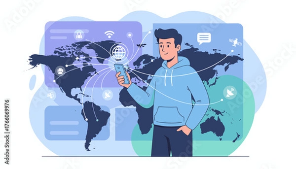 Fototapeta Young man in a blue hoodie holding a smartphone, connected to a global network with lines radiating from a globe icon on the screen, symbolizing worldwide communication and technology, set against a