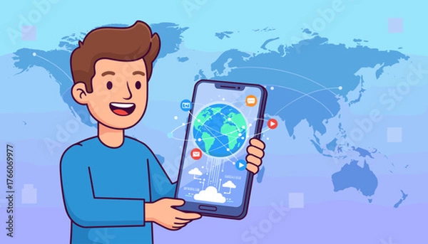 Fototapeta Young man enthusiastically holding a smartphone displaying a glowing globe with social media icons and cloud connections, set against a stylized world map background, symbolizing global connectivity