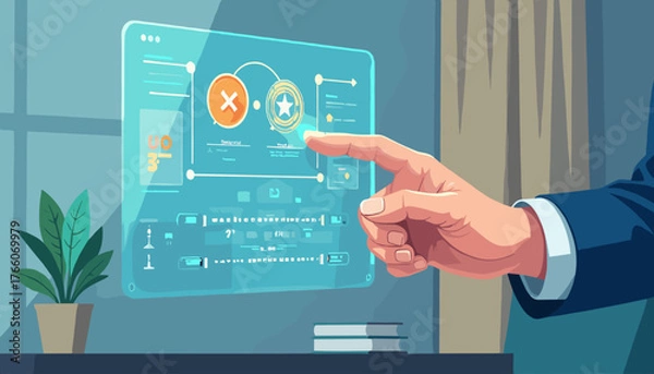 Fototapeta Close-up of a businessman's hand interacting with a futuristic holographic interface, displaying data charts and icons, set against a modern office background with a potted plant and books