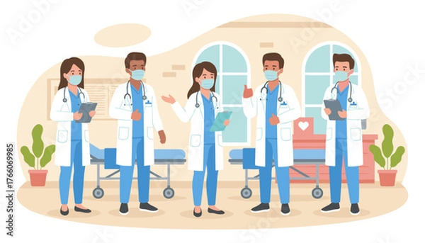 Fototapeta A diverse group of five healthcare professionals, including doctors and nurses, stand together in a hospital setting, wearing face masks and stethoscopes, ready to provide medical care and treatment
