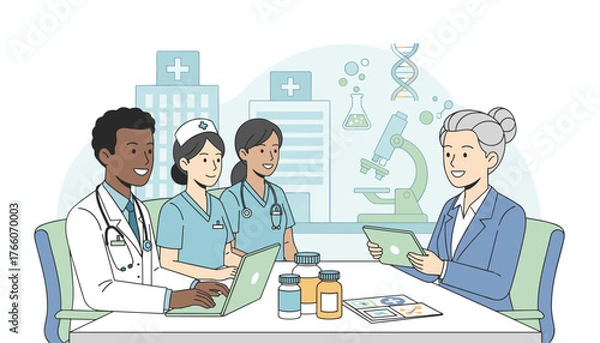 Fototapeta Diverse group of healthcare professionals, including doctors and nurses, collaborating in a modern medical setting, discussing patient care and research with a microscope and DNA helix in the