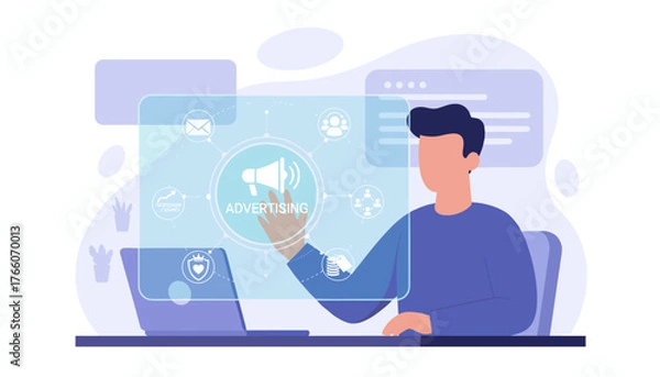 Fototapeta Modern flat illustration of a person interacting with a digital interface displaying an advertising campaign concept, featuring icons for customer journey, sales growth, social media engagement, and