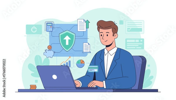 Fototapeta Modern flat illustration of a man working on a laptop, symbolizing online tax payment and calculation. The scene includes a piggy bank, calculator, financial charts, credit card, and a shield icon