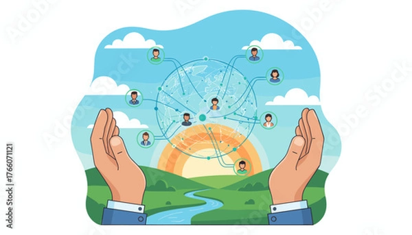 Obraz Hands cradling a glowing digital globe connecting diverse people worldwide, symbolizing global network, data sharing, and interconnectedness against a backdrop of a serene landscape with a sunrise