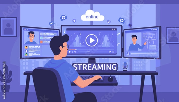 Fototapeta Young man with glasses and blue shirt sitting at a desk with multiple computer monitors, engaged in online streaming, using a mouse and keyboard, with icons for camera, music, and chat, creating