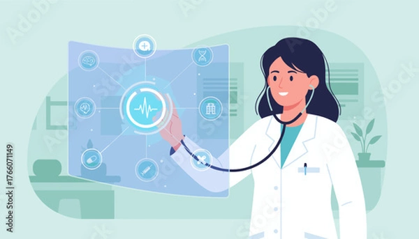 Obraz A smiling female doctor in a white coat, wearing a stethoscope, interacts with a futuristic holographic interface displaying medical icons and a heartbeat line, representing advancements in