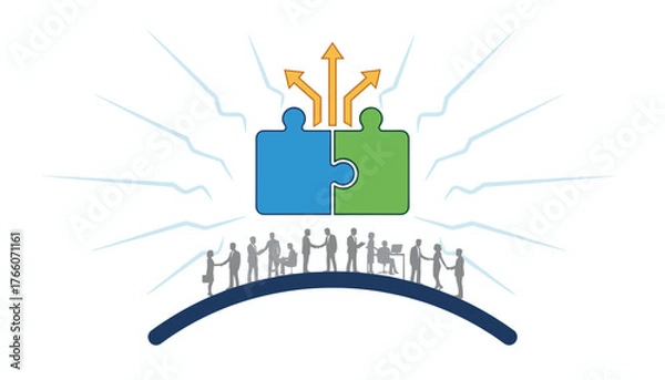Obraz Business concept of mergers and acquisitions represented by two interlocking puzzle pieces, symbolizing partnership and growth, with silhouetted business people shaking hands and working, and arrows