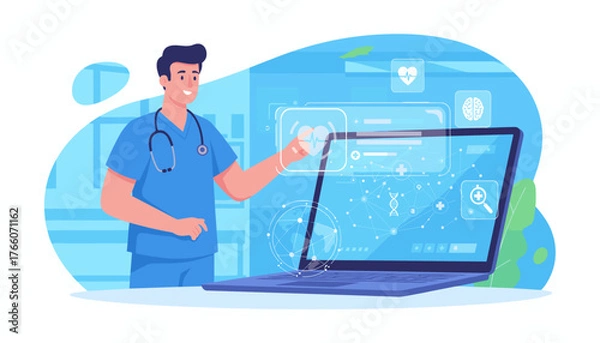 Fototapeta A smiling doctor in blue scrubs interacts with a futuristic holographic medical interface displaying vital signs, DNA strands, and brain scans, showcasing advancements in digital healthcare