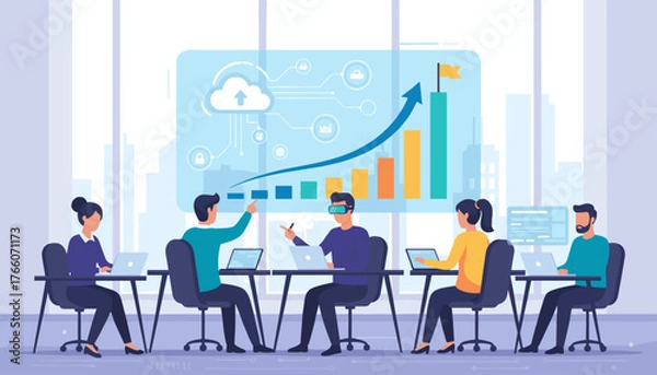 Obraz Modern flat illustration concept of success, reaching goals, and business growth, featuring a diverse team collaborating in a contemporary office setting with data visualization and cloud technology