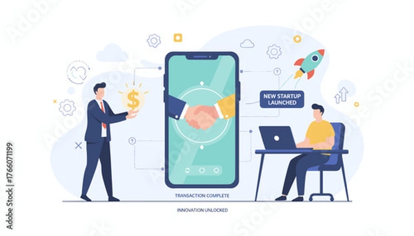 Obraz Digital handshake on a smartphone screen signifies a successful online transaction completion, symbolizing innovation and new startup launch with a rocket taking off, business growth, and financial