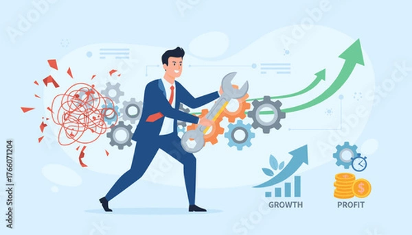 Fototapeta Business concept of optimization and problem-solving, a businessman in a suit uses a wrench to fix tangled mess and gears, symbolizing improvement, growth, and profit with upward arrows and coins.