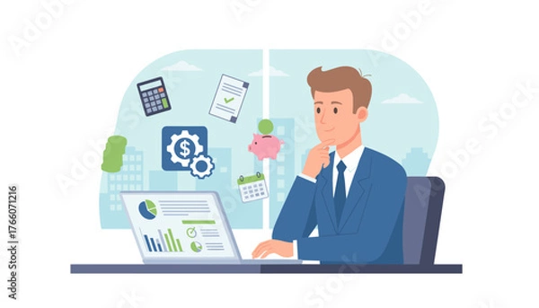 Fototapeta Vivid illustration of a businessman in a blue suit contemplating financial data on his laptop, surrounded by icons representing payroll, finance, and business growth, including coins, a piggy bank
