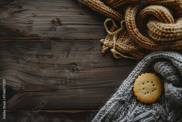 Fototapeta Knitted wool fabric with cookie on wooden table