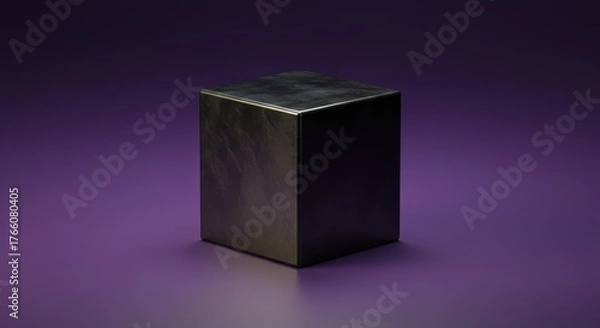 Fototapeta A metallic cube sits centered on a gradient purple background, with a subtle texture and reflections catching the light