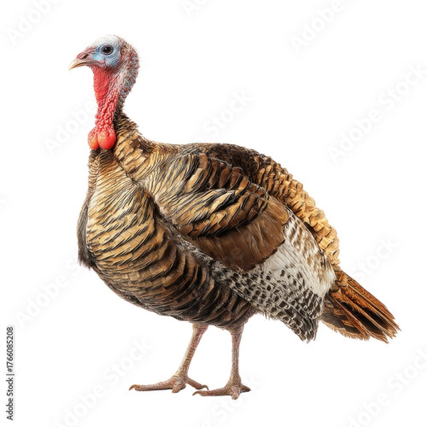 Fototapeta A majestic wild turkey stands, displaying rich brown feathers, a prominent red wattle, and blue-gray head against a green backdrop. background removed