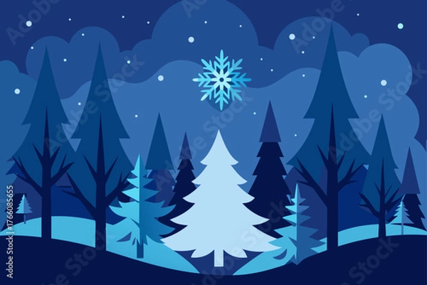 Fototapeta A beautiful Christmas landscape illustration of a snowy winter forest with pine trees under a cold blue sky for a holiday card design