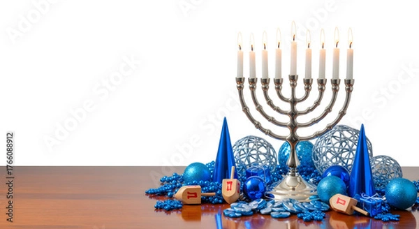 Obraz Glowing menorah with festive blue decorations on wooden table for Hanukkah  