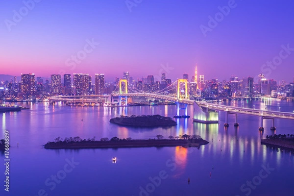 Fototapeta Panoramę Tokio w Zatoce Tokijskiej w Odaiba w Tokio, Japonia w nocy