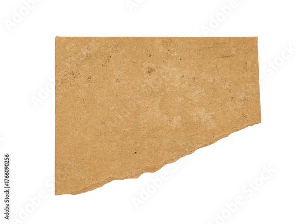 Fototapeta Torn brown cardboard paper piece isolated on white background, rough vintage texture scrap for collage, packaging, and craft design