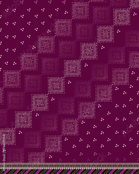 Fototapeta Diagonal Square Motif Textile with Maroon Background and Striped Border – Ethnic Geometric Fabric Design