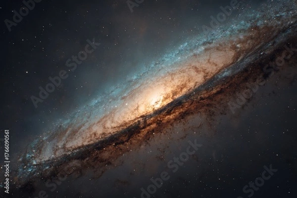 Fototapeta Colorful spiral galaxy in deep space with glowing center and star-filled background – digital cosmic concept art
