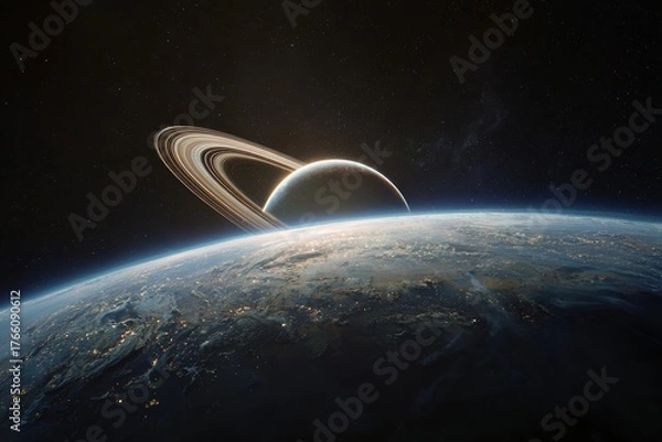 Fototapeta Ringed planet rising over atmospheric world horizon in cinematic deep space scene – conceptual sci-fi render

