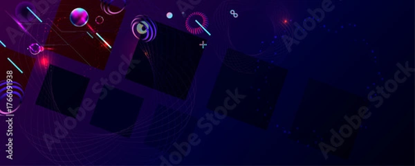 Fototapeta Dark retro futuristic cyberpunk elements abstraction background cosmos synthwave vaporwave retrowave glitch circle with blue and pink glows