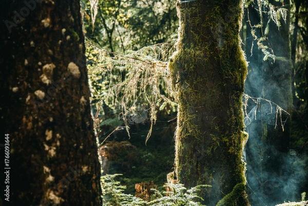 Fototapeta Misty Sunlit Forest with Moss-Covered Trees in Hoh Rainforest