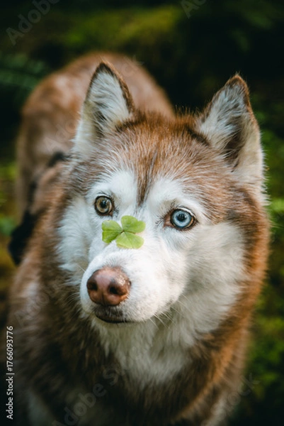 Fototapeta Siberian Husky with Clover on Nose in Hoh Rainforest