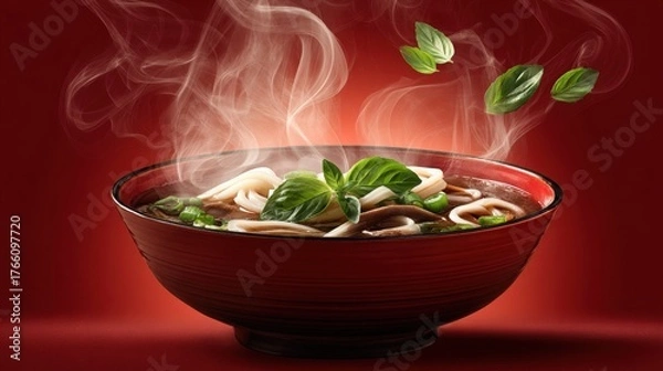 Fototapeta A steaming bowl of noodles garnished with fresh basil leaves against a vibrant red backdrop