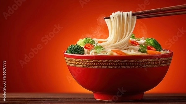 Fototapeta A steaming bowl of noodles with vibrant vegetables being lifted with chopsticks against an orange backdrop