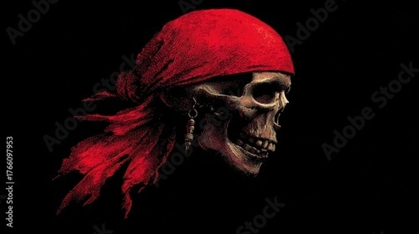 Fototapeta A striking pirate skull adorned with a red bandana, set against a dark, dramatic background