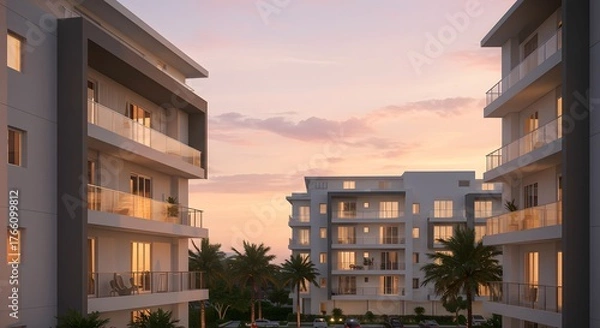 Fototapeta Modern residential buildings with spacious balconies illuminated by the warm glow of sunset, surrounded by lush palm trees in a contemporary urban setting, offering a serene urban lifestyle