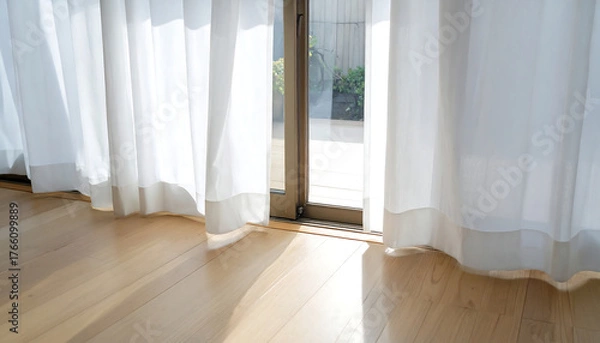 Obraz 柔らかな光とカーテンの透け感が調和する心安らぐミニマルな空間