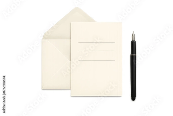 Fototapeta Stationery set with fountain pen, open envelope, and lined paper
